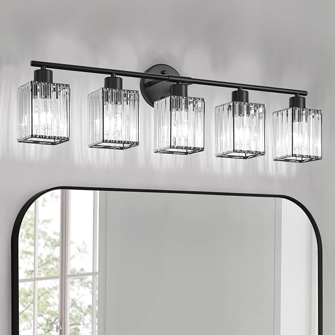 5 Light Bathroom Light Fixtures, Modern Crystal Vanity Lights over Mirror | Metal Frame, Bathroom Light with Square Crystal Shade, ETL Certified, E26 Ceramic Socket, Bulbs Not Included