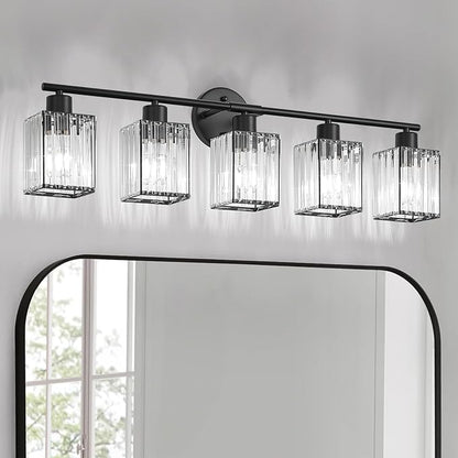 5 Light Bathroom Light Fixtures, Modern Crystal Vanity Lights over Mirror | Metal Frame, Bathroom Light with Square Crystal Shade, ETL Certified, E26 Ceramic Socket, Bulbs Not Included