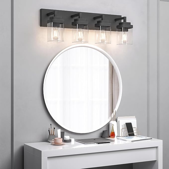 Bathroom Vanity Light, Clear Glass Shade 4 Lights Morden Bathroom Lighting Fixtures Over Mirror, Black Bathroom Light Vanity Fixtures for Bathroom/Living Room/Bedroom