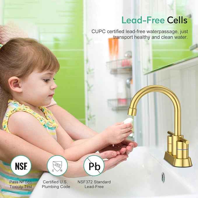 Faustina Brushed Gold Bathroom Faucet, 4 Inch Centerset Faucets for Sink 2 Holes 3 Holes，Two Handles 304 Stainless Steel Faucet with Pup up Drain Assembly and 2 Water Supply Lines for RV Vanity