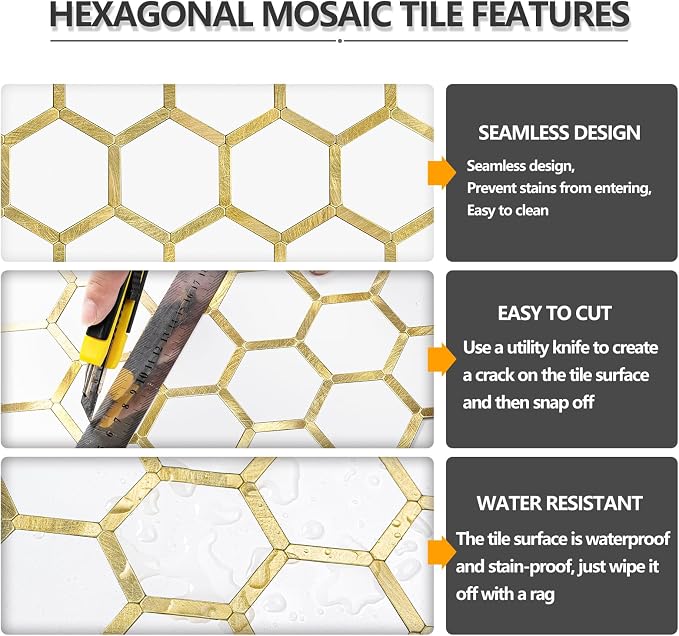 STICKGOO Hexagon Peel and Stick Backsplash Tile, Stick on Backsplash for Kitchen and Bathroom, Pure White PVC Mixed Metal Gold Self Adhesive Wall Tiles(10 Sheets, Seamless)