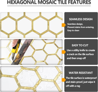 STICKGOO Hexagon Peel and Stick Backsplash Tile, Stick on Backsplash for Kitchen and Bathroom, Pure White PVC Mixed Metal Gold Self Adhesive Wall Tiles(10 Sheets, Seamless)