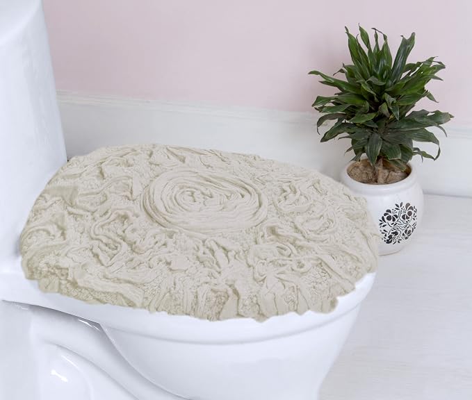 Home Weavers Bell Flower Toilet Lid Cover – 18"x18", 100% Cotton Tufted, Soft & Absorbent, Non-Slip, Machine Washable Bathroom Seat Cover, Ivory