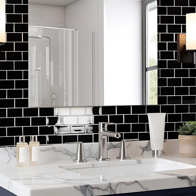 Art3d 10-Pack Subway Peel and Stick Backsplash, Black with Silver Grout | 12 x 12 Inch, Thickened Design, No Warping, Durable, Self-Adhesive, for Kitchen, Bedroom Decor, Ideal for New Home Buyers