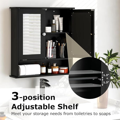 Tangkula Bathroom Medicine Cabinet with Mirror, Wall Mounted Wooden Hanging Organizer with Doors and Shelves, Bathroom Wall Mirror Cabinet (Mirror Doors, Black)