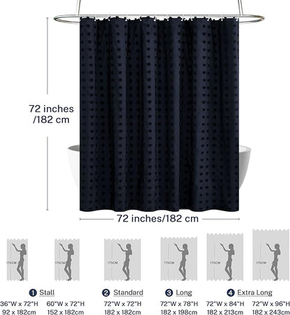 Boho Navy Blue Shower Curtain Woven Fabric Shower Curtain, 72 x 72 Tufted Pleat Floral Puffs Textured Modern Minimalist Shower Curtain Set with Hooks for Bathroom