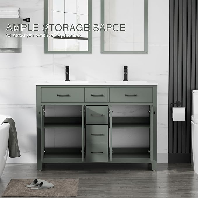 LUCKWIND 48" Bathroom Vanity with Sink Combo, Painted Modern Bathroom Storage Cabinet with Double Resin Sink, Four Doors and Three Drawers, Include Faucet Without Mirror, Green