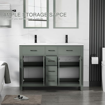 LUCKWIND 48" Bathroom Vanity with Sink Combo, Painted Modern Bathroom Storage Cabinet with Double Resin Sink, Four Doors and Three Drawers, Include Faucet Without Mirror, Green
