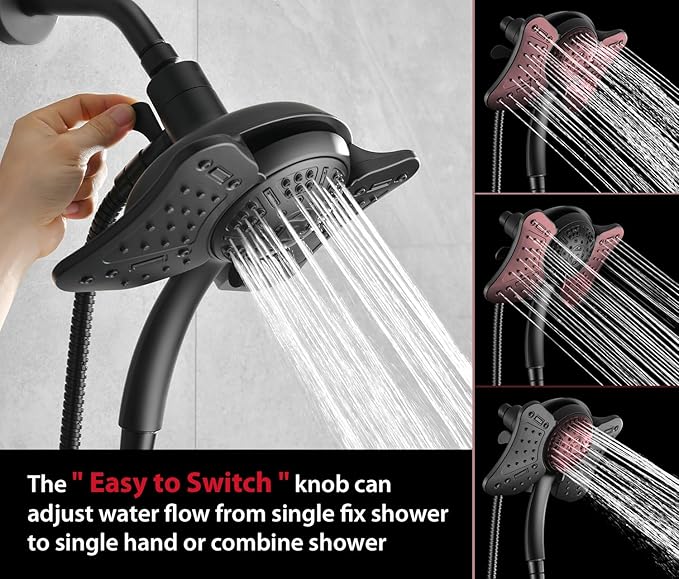 GRICH Shower Head with Handheld Spray - Dual High Pressure Showerhead | Rainfall Shower Heads Combo, Detachable Hand Shower, 9 Spray Settings, 60" Stainless Steel Shower Hose, 2.5GPM, Black