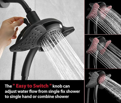 GRICH Shower Head with Handheld Spray - Dual High Pressure Showerhead | Rainfall Shower Heads Combo, Detachable Hand Shower, 9 Spray Settings, 60" Stainless Steel Shower Hose, 2.5GPM, Black