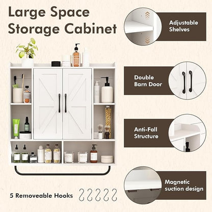 RUSTOWN Rustic Wood Wall Bathroom Cabinet, Farmhouse Medicine Cabinet Wall Mounted, Space Saving Wall Storage Cabinet with 2 Barn Door, 3-Tier Adjustable Shelves and Towel Bar (White)