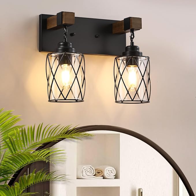 Bathroom Light Fixtures,Farmhouse Black Metal with Glass Shade | 2 Light Rustic Vanity Lights, Wood Accent Wire Cage Design, Mounts Over Mirror, Ideal for Bedroom & Hallway,Easy to Install