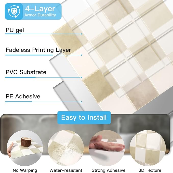 Art3d Grid Peel and Stick Backsplash, 10-Pack, 12 x 12 in, Beige and White | Enhanced Thickness, Strong Adhesion, Moisture Resistant, Long-Lasting, Minimalist Look, DIY Friendly, for Kitchen Countertops