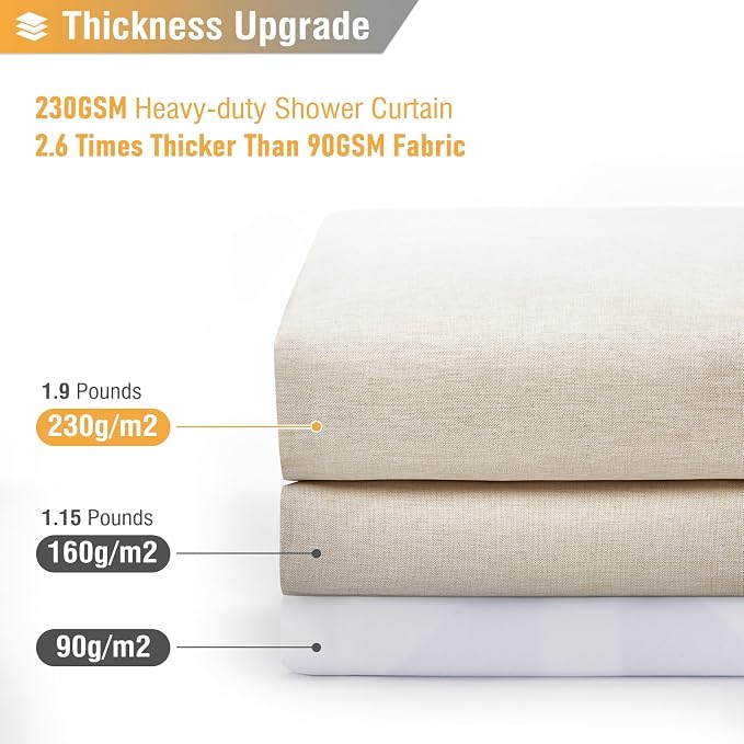 84x72 Wide Linen Textured Waterproof Cloth Shower Curtain, Beige/Cream | Wide Size, 230GSM Polyester, Heavy Duty Fabric, Weighted Hem, 14 Plastic Hooks, Modern Luxury Hotel Style, Machine Washable