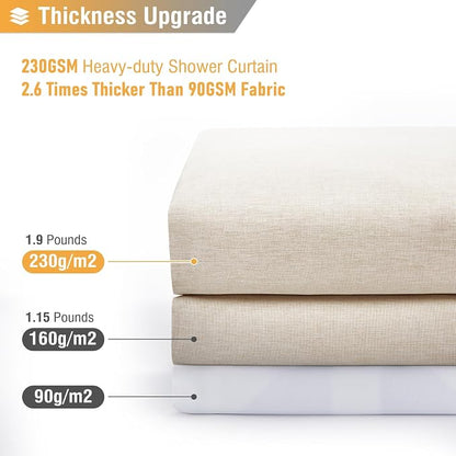 84x72 Wide Linen Textured Waterproof Cloth Shower Curtain, Beige/Cream | Wide Size, 230GSM Polyester, Heavy Duty Fabric, Weighted Hem, 14 Plastic Hooks, Modern Luxury Hotel Style, Machine Washable