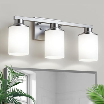 L LOHAS LED 3-Light Bathroom Vanity Light, Brushed Nickel | Milky White Frosted Glass Shades; Wall Sconce Over Mirror for Bedrooms; ETL Listed