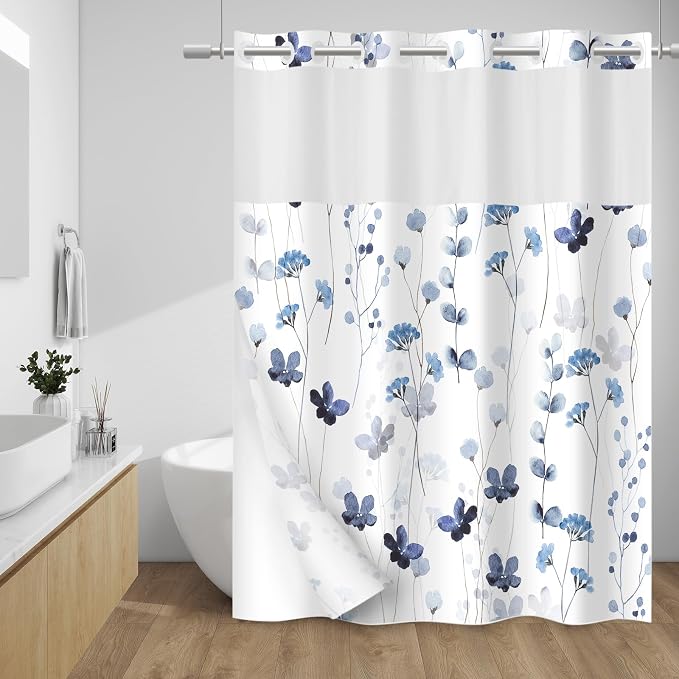 No Hook Floral Shower Curtain with Liner, Blue White, 71x74 | Snap in Liner, 3 in 1, Water Repellent, Easy Install, Machine Washable, Hotel Style for Bathroom, Watercolor Pattern