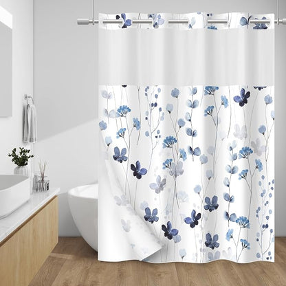 No Hook Floral Shower Curtain with Liner, Blue White, 71x74 | Snap in Liner, 3 in 1, Water Repellent, Easy Install, Machine Washable, Hotel Style for Bathroom, Watercolor Pattern