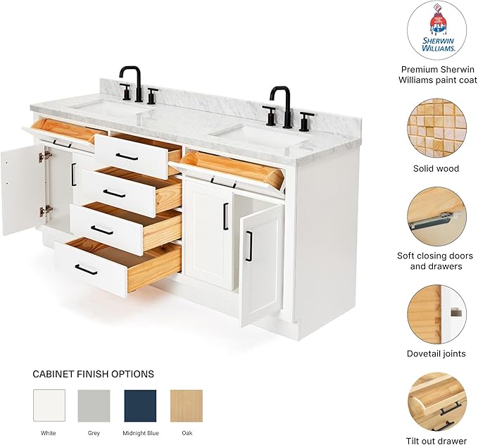 DKB Isabella 72 Inch Bathroom Vanity Double Sink — White Bathroom Vanity with Sink, 1.5" Edge Italian Carrara Marble Countertop & Backsplash, 4 Soft-Close Doors, 4 Dovetail Drawers, and 2 Tilt Drawers