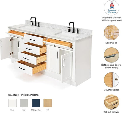 DKB Isabella 72 Inch Bathroom Vanity Double Sink — White Bathroom Vanity with Sink, 1.5" Edge Italian Carrara Marble Countertop & Backsplash, 4 Soft-Close Doors, 4 Dovetail Drawers, and 2 Tilt Drawers
