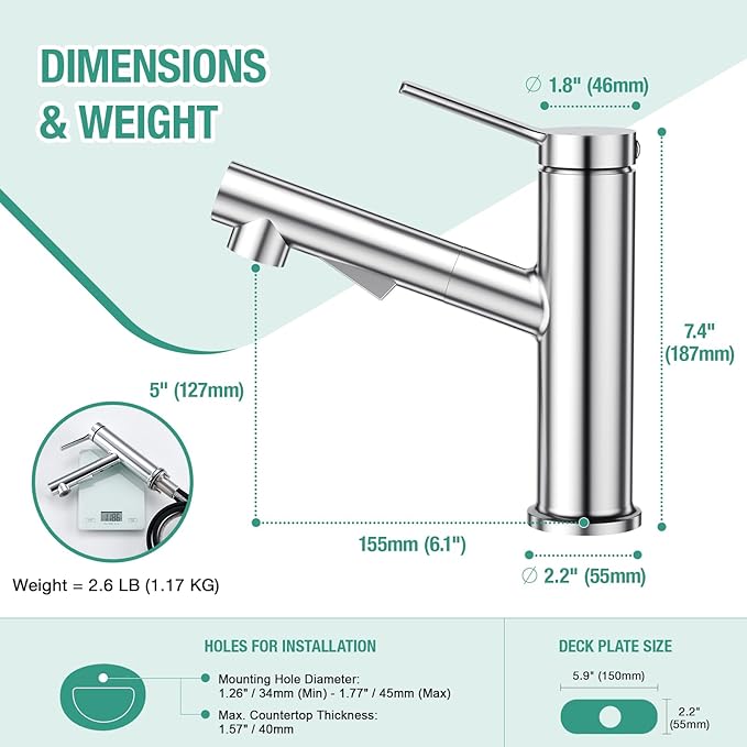 Faustina Bathroom Faucet with Pull Out Sprayer, Polished Finish Bathroom Sink Faucet for Vanity or Laundry, Stainless Steel 1 Handle with Deck Plate for 1 or 3 Hole