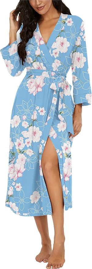 VINTATRE Women Kimono Robes Long Knit Bathrobe Lightweight Soft Knit Sleepwear V-neck Casual Ladies Loungewear