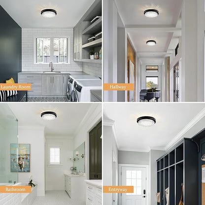 Flush Mount Ceiling Light LED Crystal Bathroom Light Fixture Small 10 Inch Dimmable Hallway Lighting Black Modern Foyer Ceiling Lights for Entryway Laundry Room Mini Kitchen Ceiling Light