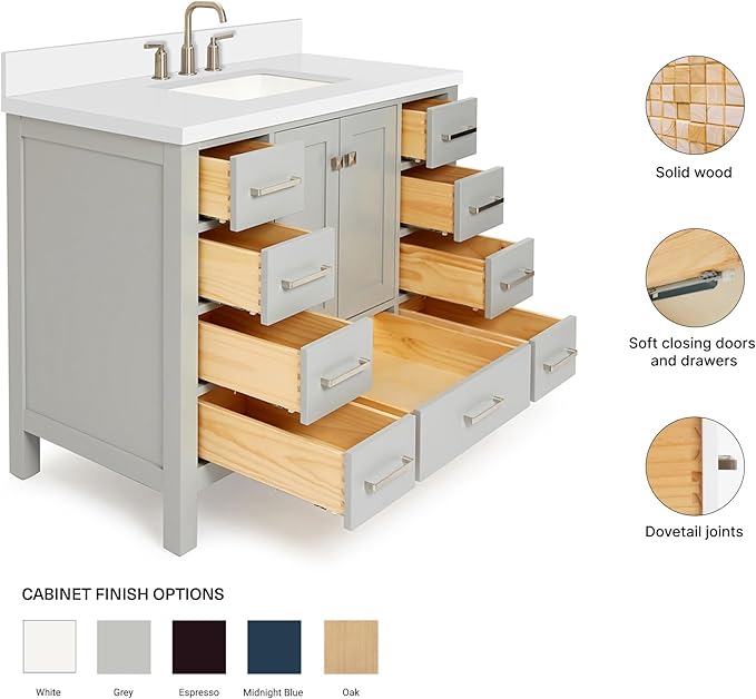 ARIEL Cambridge 42-inch Bathroom Vanity with Sink,Solid Wood, 1.5-inch Pure White Quartz Countertop & Backsplash, Single Rectangular Porcelain Sink, 2 Soft Closing Doors, 9 Dovetail Drawers, Grey