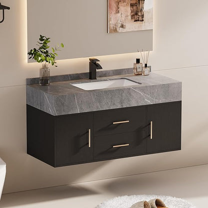39.3" Floating Bathroom Vanity with Undermount Sink – Black Walnut & Gold, Sintered Stone Countertop, Soft-Close Drawers, Space-Saving Wall-Mount Design Ideal for Modern Bathrooms