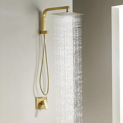 Brushed Gold Shower System with 10Inch Rain Shower Heads with Handheld Spray Combo, Gold Shower Faucet Set with Rain Shower and Handheld, Gold Shower Head and Handle Set(Shower Valve Kit Included)