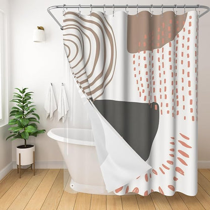3 in 1 Shower Curtain Set, Boho Mid Century Modern, Beige | Polyester Bath Curtain with Magnetic PEVA Liner and 12 Double Sided Stainless Steel Hooks 72x72 Inches
