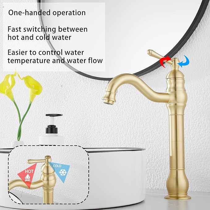GGStudy 360 Swivel Single-Handle One Hole Vessel Sink Faucet with Matching Pop Up Drain - Brushed Gold Farmhouse Bathroom Vanity Faucet