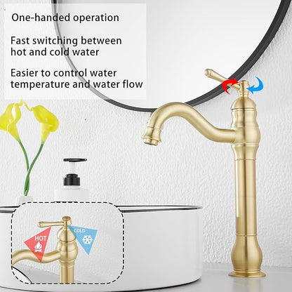 GGStudy 360 Swivel Single-Handle One Hole Vessel Sink Faucet with Matching Pop Up Drain - Brushed Gold Farmhouse Bathroom Vanity Faucet