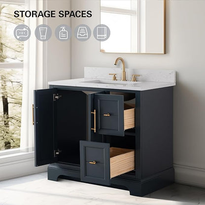HOMEBEYOND 36 Inch Bathroom Vanity with Single Sink & Ceramic Top, Vanity Cabinet with Center Countertop Basin, Soft-Closing Doors, Backsplash, Vintage Spruce Blue