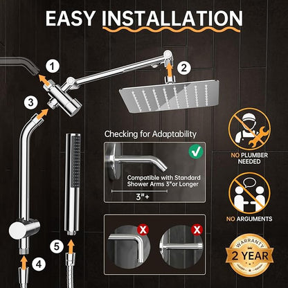 Veken All Metal 8" Luxurious Rain Shower Head with Handheld,High Pressure | Dual Shower Heads Spray,Power Wash Wand,Detachable Showerhead Combo,Small Square Adjustable Rainfall ,Spa-like,Chrome,Silver