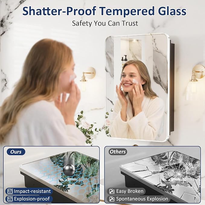 Medicine Cabinet Mirror 24x30 Inch, Chrome Bathroom Mirror Cabinet with Stepless Adjustable Shelves, Stainless Steel Frame, Bathroom Mirror with Storage Recessed or Wall Mount