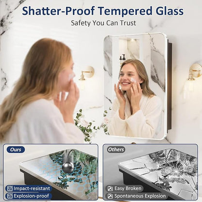Medicine Cabinet Mirror 24x30 Inch, Chrome Bathroom Mirror Cabinet with Stepless Adjustable Shelves, Stainless Steel Frame, Bathroom Mirror with Storage Recessed or Wall Mount