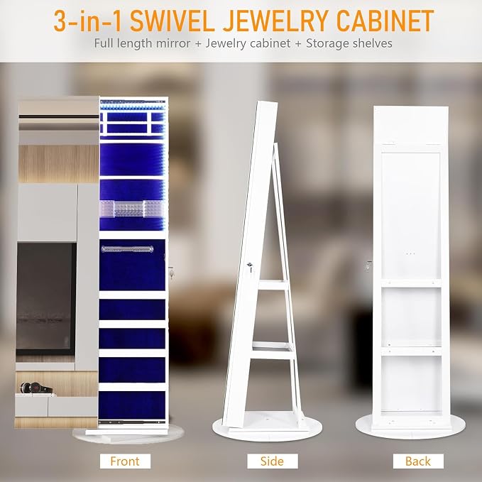 360° Swivel Jewelry Mirror Cabinet with Lights, Standing Jewelry Armoire Organizer, 63" Rotatable Full-Length Mirror with Jewelry Storage, Lockable with Back Storage Shelve, White | 360° Swivel Mirror with Storage, Lockable Jewelry Armoire Organizer wi...