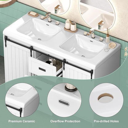 48 Inch Bathroom Vanity with Sink, Bathroom Vanity Cabinet with Doulble Sink, Bath Vanities with 2 Sliding Doors, White
