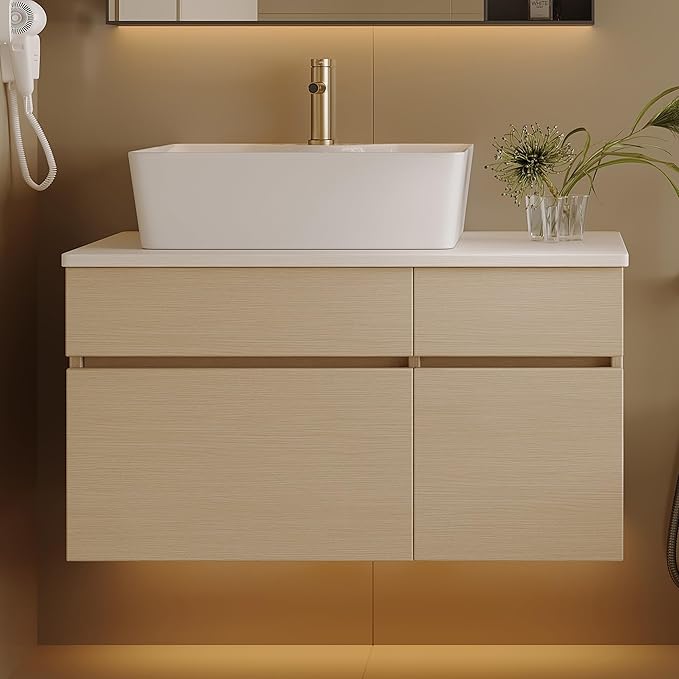 31.5" Floating Bathroom Vanity with Sink and Drawer, Soft Closing, Solid Wood Mid Century Modern Single Bathroom Vanity Cabinet with Storage, Wall Mounted (Natural Wood)