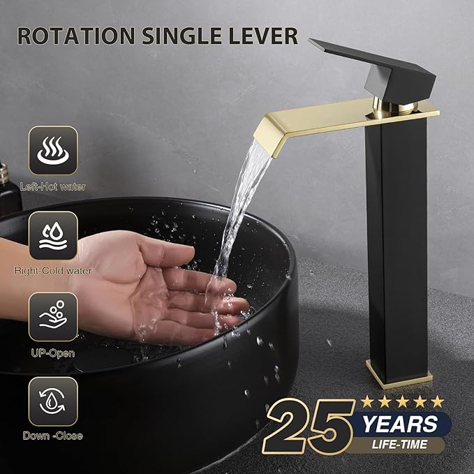 Bathroom Vessel Sink Faucet Black and Gold, Single Hole Tall Bathroom Faucet, Modern SUS304 Stainless Made, Pop-up Drain & Supply Hose Included, Home Décor Improvement