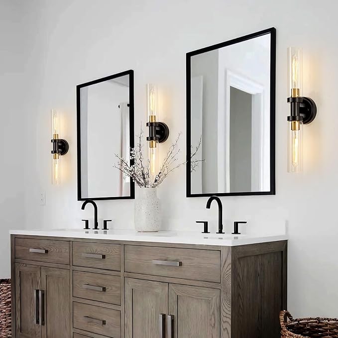 Hardwired Wall Sconces Set of 2, Bathroom Sconces Vanity Light Fixture with Clear Glass, Black and Gold Farmhouse Wall Lights for Bathroom Mirror Living Room Hallway Kitchen