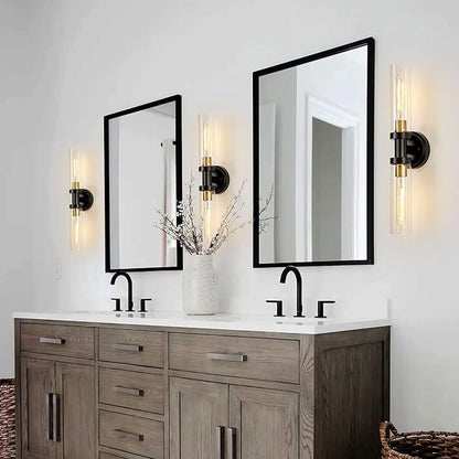 Hardwired Wall Sconces Set of 2, Bathroom Sconces Vanity Light Fixture with Clear Glass, Black and Gold Farmhouse Wall Lights for Bathroom Mirror Living Room Hallway Kitchen