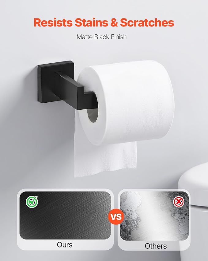 VEVOR Matte Black Bathroom Hardware Set, 5 Pieces Stainless Steel Bathroom Accessories Set, 24-inch Towel Bar, Towel Rack, 2 Robe Towel Hooks, Toilet Paper Holder, for Bath Room, Wall Mounted