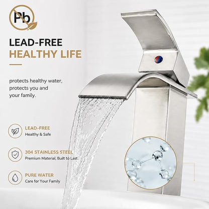VOTON Vessel Sink Faucet Brushed Nickel Modern Tall Waterfall Bathroom Sink Faucet with Pop-Up Drain Single Handle Bathroom Faucet 1 Hole Bowl Lavatory Vanity Faucet, Rv Sink Camper Farmhouse Faucet