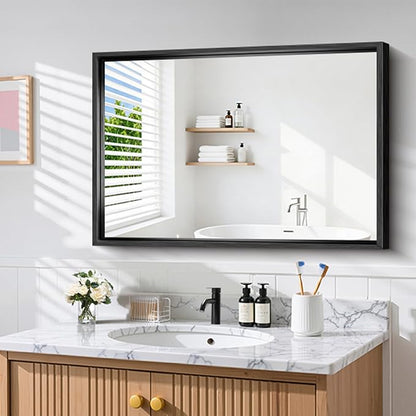 CIRCUMI 30"x42" Brushed Black Bathroom Mirror, Rectangular Vanity Mirror | Chunky Box Metal Frame, Shatterproof, Tempered Glass, Bathroom Remodel&New Home,Wall Mirror for Over Sink,Living Room,Hallway