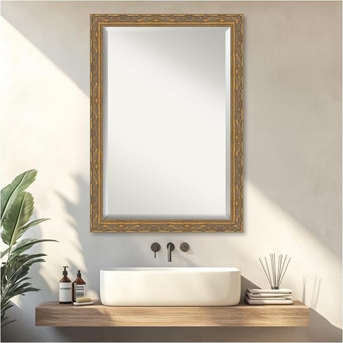 Amanti Art Gold Bathroom Mirror for Over Sink, 28x40 Filigree Gold Rectangle Vanity Mirror, Large Traditional Frame, Hangs Horizonally and Vertically, Bathroom Wall Decor, Beveled Edge