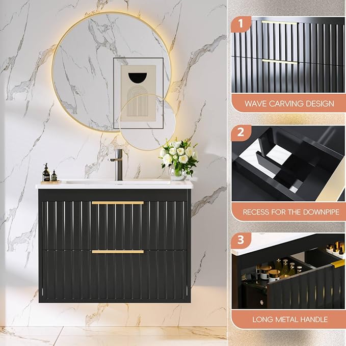 24" Bathroom Vanity with Sink, Floating Vanity Bathroom Sink Cabinet Wall Mount, Soft-Close Function 2 Large Drawers, Grooved Stripe Design, Hidden Damping Drawers, Black