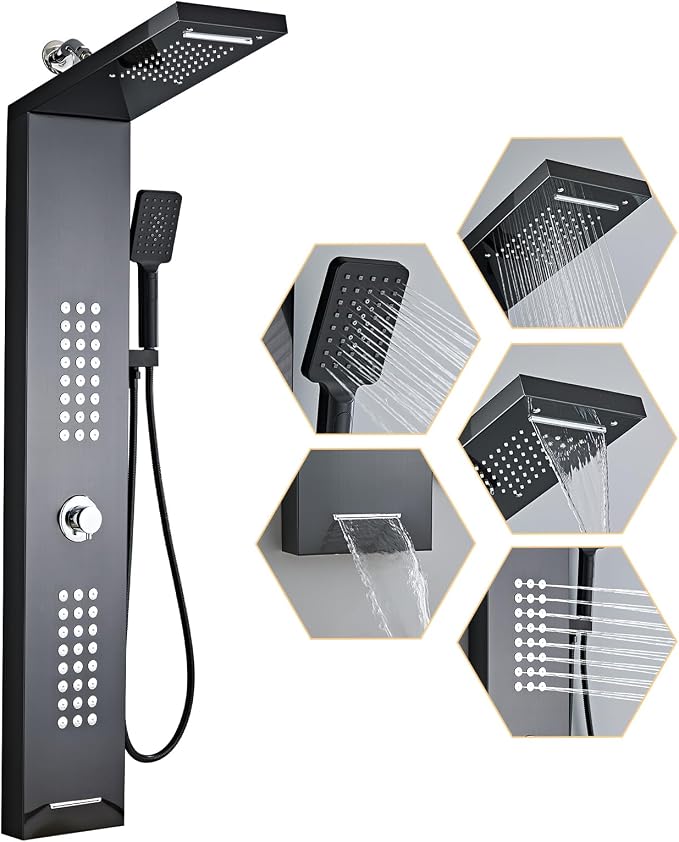 Lengthened Shower Panel Tower System Rain Shower Head | Rainfall Waterfall Shower,Handheld High Pressure Rain Massage System(Black)