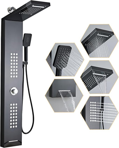 Lengthened Shower Panel Tower System Rain Shower Head | Rainfall Waterfall Shower,Handheld High Pressure Rain Massage System(Black)